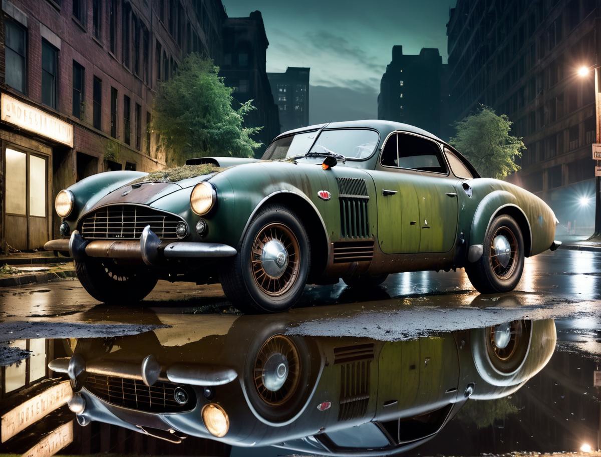 a photo of a dieselpunk sports car, 3/4 front view, survival, post-apocalyptic, cyberpunk, outdoors, ((night)), destructio...